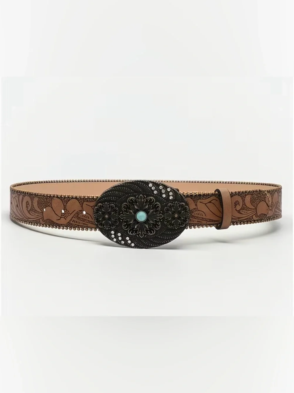 Western Floral Tooled Brown PU Leather Belt with Turquoise Accent